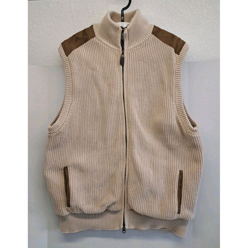 Vintage Orvis Mens M Heavyweight Suede Trim Ribbed Knit Sweater  Zip Vest